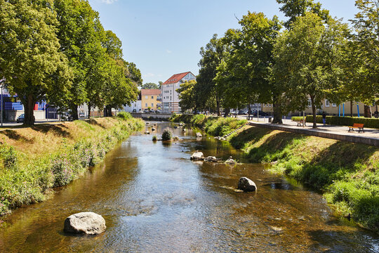 Brigach River in Donaueschingen, one of the sources of the Danube in the Black Forest, Germany, Europe