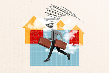 Collage pinup pop retro sketch image of headless guy running holding vintage suitcases isolated painting background