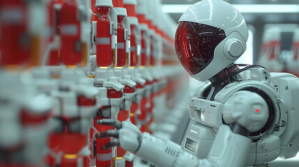 In a highly technical environment, a sophisticated white robot with a dark visor inspects a selection of red fire extinguishers - obrazy, fototapety, plakaty