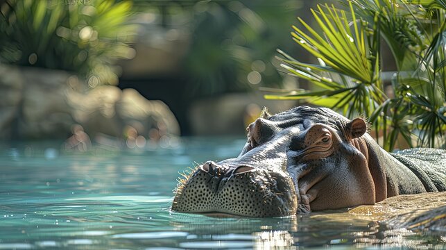 The hippopotamus is basking in the sun beside a pool, with children playing safely nearby, symbolizing safety and protection in family-oriented leisure and resort services.