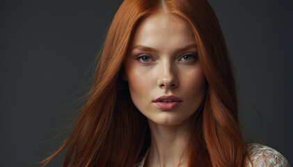 Naklejka premium Model girl with shiny brown smooth healthy hair with long straight and glowing, skin natural beauty smooth skin for Care and hair products 