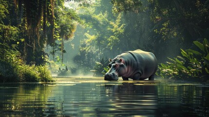 Hippopotamus standing guard over a serene waterway, symbolizing robust security services and the protection of valuable assets. - obrazy, fototapety, plakaty