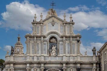 Facade of baroque Catania Cathedral with statue of Saint Agatha, Catania, Sicily, Italy