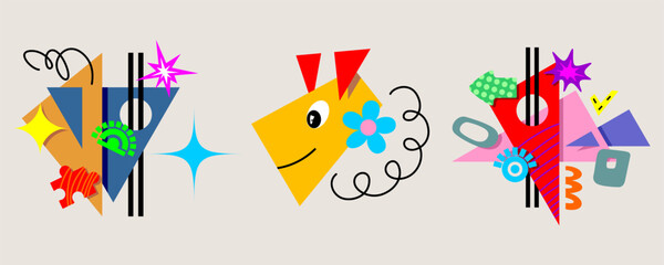 Set of cute funny contemporary character with face emotions and various geometric colorful shapes and doodle objects. Hand drawn abstract trendy illustration for poster, logo, print.