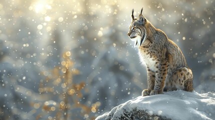 The lynx's focused gaze from the snowy ridge epitomizes strategic foresight crucial for business leadership. - obrazy, fototapety, plakaty