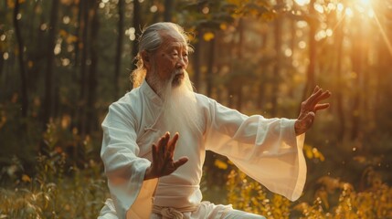Asian senior man practicing tai chi in park - obrazy, fototapety, plakaty