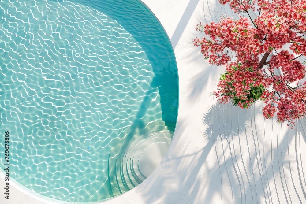 Poster a tranquil pool reflecting the clear blue sky with a majestic tree standing tall in the center, crea