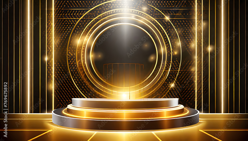 Poster futuristic neon podium scene template for product presentation with abstract geometric background. g