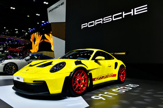 Thailand-March 27,2024: Yellow Porsche 911 GT3 RS sportscar.at the 45 Bangkok International Motor Show in Nonthaburi