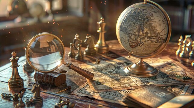 Warm rays highlight a globe, magnifying glass poised over a map, with chess pieces and old journals completing the scene , 3D illustration