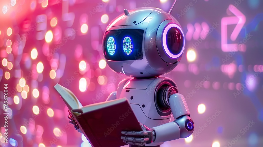 Poster humanoid ai robot with math book in holographic formulas, blurred background with text space