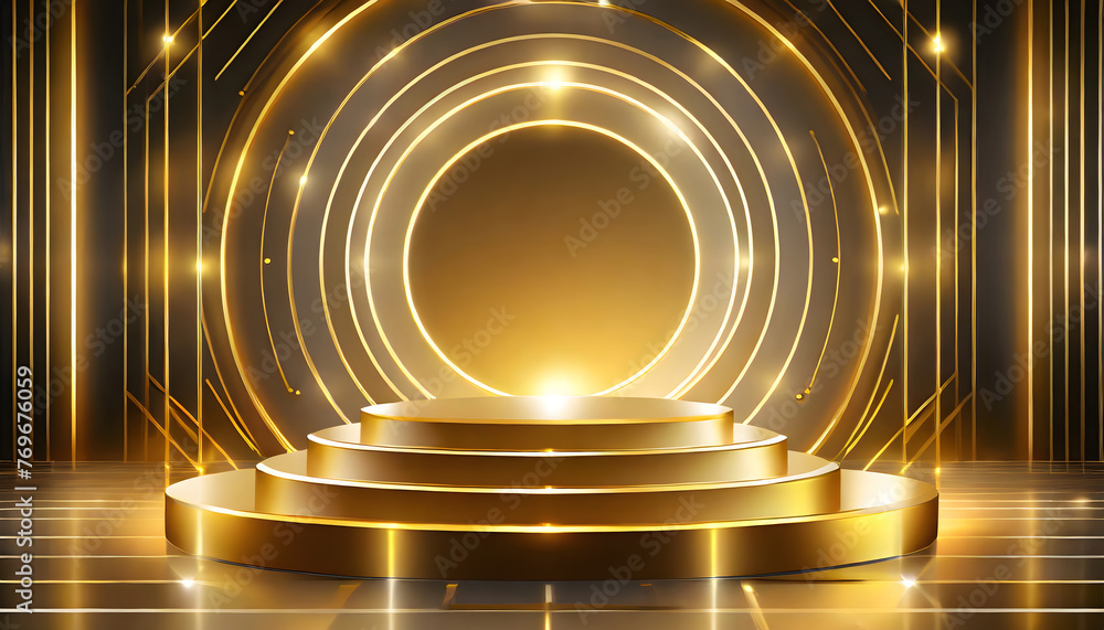 Poster futuristic neon podium scene template for product presentation with abstract geometric background. g