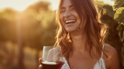 Smiling woman holding a glass of red wine amidst vineyard during sunset.