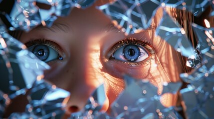 A childs eyes peering through a jagged hole in shattered glass, curiosity shining amidst the fragments , 3D illustration - obrazy, fototapety, plakaty