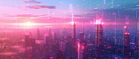 A cityscape at twilight, where the lights of buildings merge with the glow of digital data, symbolizing unity of technology and urban life , 3D illustration
