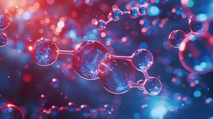 A closeup view of molecules in motion, with red and blue atoms connecting through glowing bonds , 3D illustration - obrazy, fototapety, plakaty