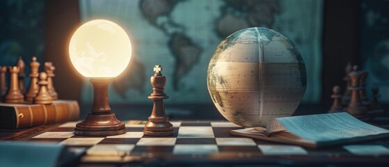 The glow of a study lamp casting light on a globe, surrounded by the silent challenge of chess and the mystery of old scrolls , 3D illustration