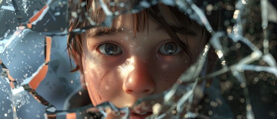 The inquisitive stare of a child through a broken glass, a poignant blend of curiosity amidst the ruins , 3D illustration - obrazy, fototapety, plakaty