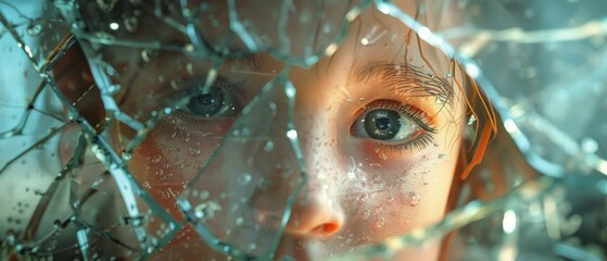 The inquisitive stare of a child through a broken glass, a poignant blend of curiosity amidst the ruins , 3D illustration - obrazy, fototapety, plakaty