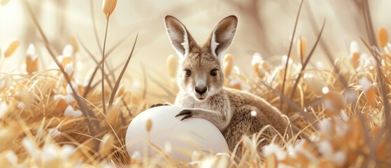 Kangaroo joey emerging from egg amid spring, minimalist design , 3D illustration