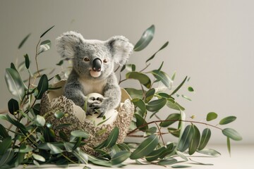 Koala joey emerging from egg amid spring eucalyptus, minimalist design , 3D illustration - obrazy, fototapety, plakaty