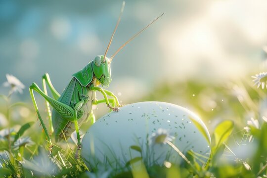 Grasshopper nymph emerging from egg amid summer meadow, minimalist design , 3D illustration