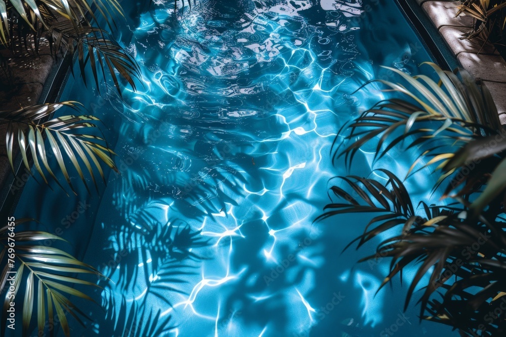 Poster a swimming pool reflects a dance of leaf shadows on its surface, creating a serene and tranquil atmo