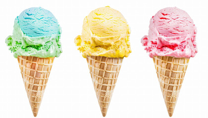Three ice cream cones with different colors