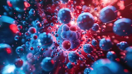 A molecular collision depicted with explosive energy, red and blue spheres radiating outward , 3D illustration
