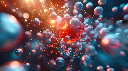 Obraz na płótnie Canvas A molecular collision depicted with explosive energy, red and blue spheres radiating outward , 3D illustration