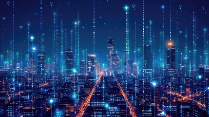 Night falls on a city of the future, where data streams light up the skyline, illustrating the power of connectivity , 3D illustration