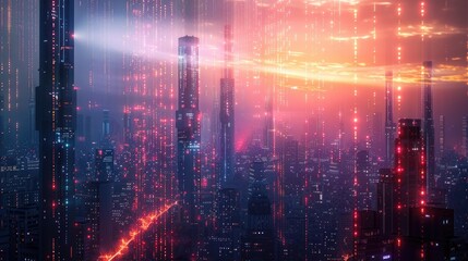 Fototapeta premium Night falls on a city of the future, where data streams light up the skyline, illustrating the power of connectivity , 3D illustration
