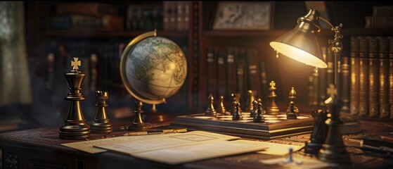 An oldworld desk bathed in the warmth of a lamp, featuring a globe, chess pieces in thought, and the promise of discovery in old documents , 3D illustration - obrazy, fototapety, plakaty