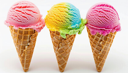 Three ice cream cones with different colors of ice cream
