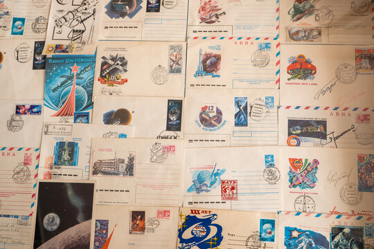 April 12 is Cosmonautics Day. A set of various old postcards, envelopes and stamps on the theme of astronautics. USSR - circa 1961