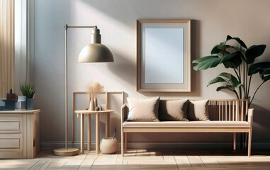 Mock up with an empty frame in modern interior living room, warm color tone, home decor, minimal design, generative ai