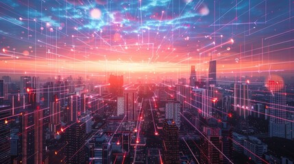 Skyline of a modern city with vibrant data streams crisscrossing the sky, reflecting a network of infinite connections , 3D illustration - obrazy, fototapety, plakaty