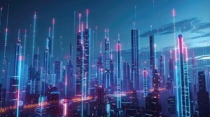 Skyline of a modern city with vibrant data streams crisscrossing the sky, reflecting a network of infinite connections , 3D illustration - obrazy, fototapety, plakaty