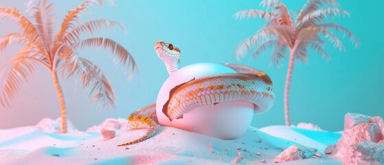 Snake neonate emerging from egg amid summer heat, minimalist design , 3D illustration