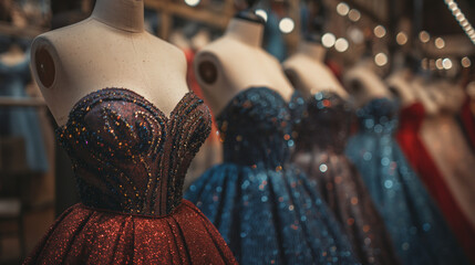 Formal luxury dresses on display in the store, ai generative - obrazy, fototapety, plakaty