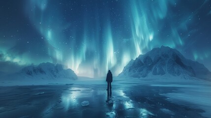 Aurora Borealis Over a Glacier: A mesmerizing display of the Northern Lights dancing over a glacier, creating an ethereal and otherworldly atmosphere. - obrazy, fototapety, plakaty