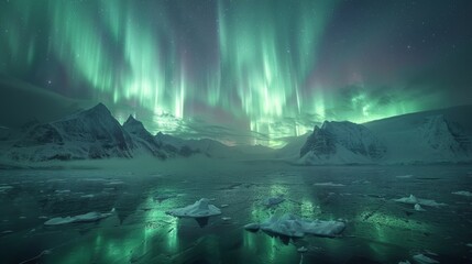 Aurora Borealis Over a Glacier: A mesmerizing display of the Northern Lights dancing over a glacier, creating an ethereal and otherworldly atmosphere. - obrazy, fototapety, plakaty