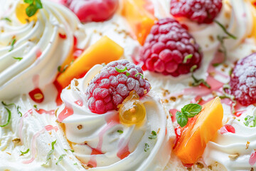 close-up cake is topped with whipped cream and raspberries