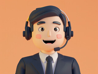 Call center male agent. 3d illustration character. Man in suit with a headset. Customer support line - obrazy, fototapety, plakaty