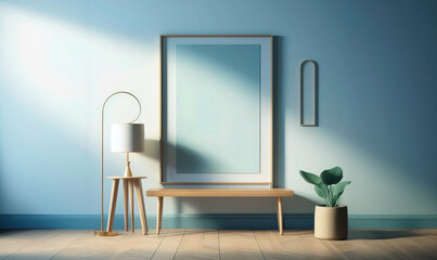 Mock up with an empty frame in modern interior living room, cool color tone, home decor, minimal design, generative ai