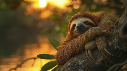 A serene sloth silhouette at sunset offers a peaceful escape from the digital rush, ideal for mindfulness seekers. - obrazy, fototapety, plakaty