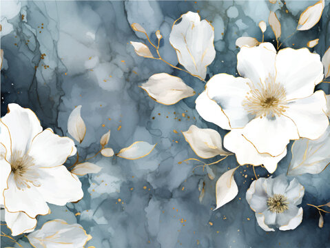 Translucent Alcohol ink texture background. Luxury blue and gold fluid art with white flowers. Modern fluid art. Digitalized marble pattern. White Chinese national flower peony and cherry bloosom