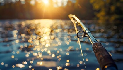 Fishing rod and reel with a beautiful blurred lake and sunset in the background - obrazy, fototapety, plakaty