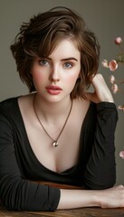 Elegant woman in black dress and necklace in studio portrait with ample copy space for advertising