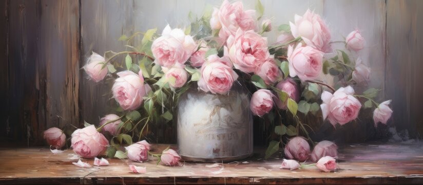 A beautiful painting of pink roses in a vase on a wooden table, showcasing the delicate petals of the flower arrangements in a cozy setting